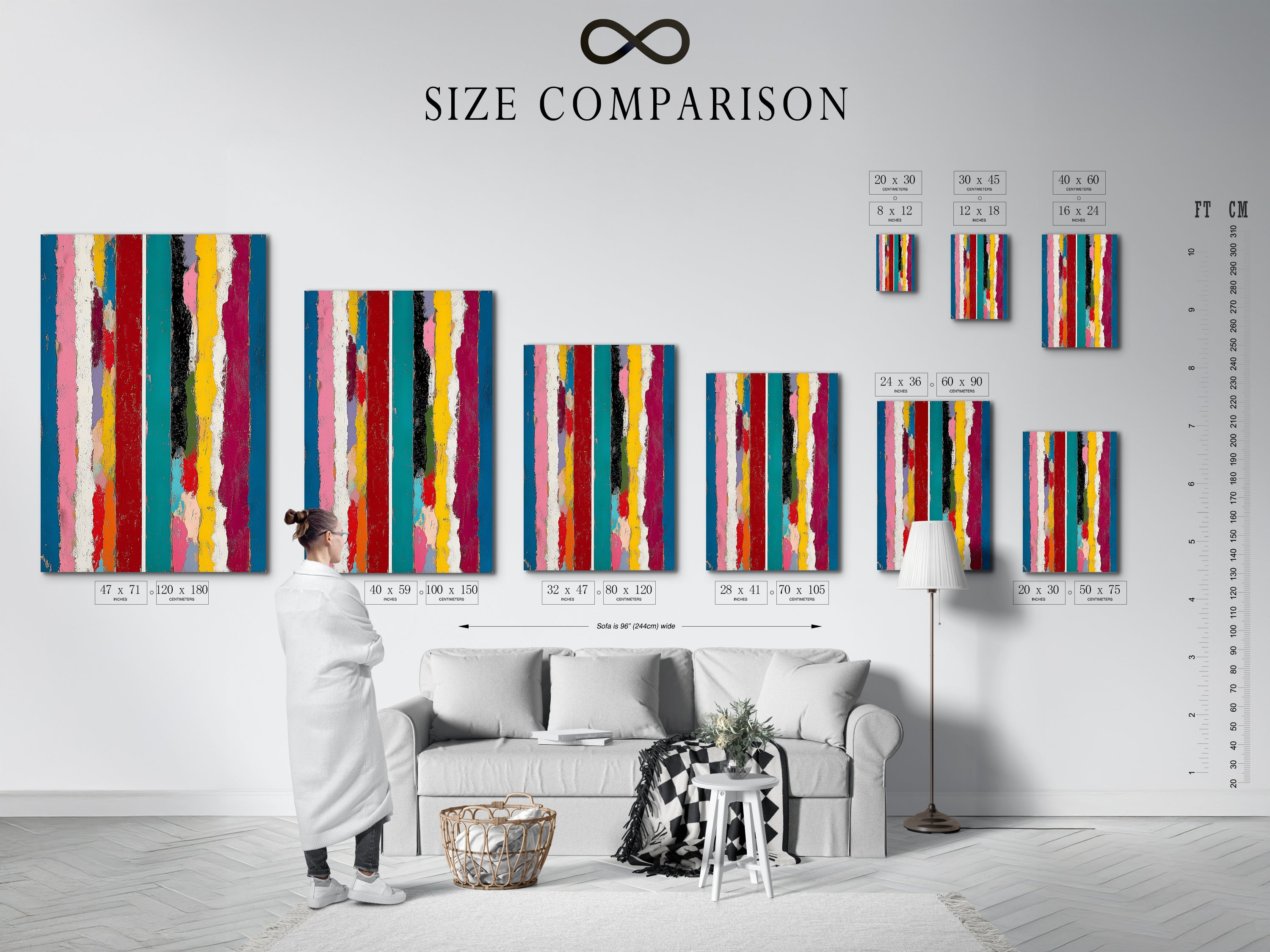 A size comparison chart in an interior setting helps visualize the artwork's impact. Choose the perfect size for your abstract stripe canvas print. This modern wall art is suitable for living rooms playrooms studios and boardrooms.