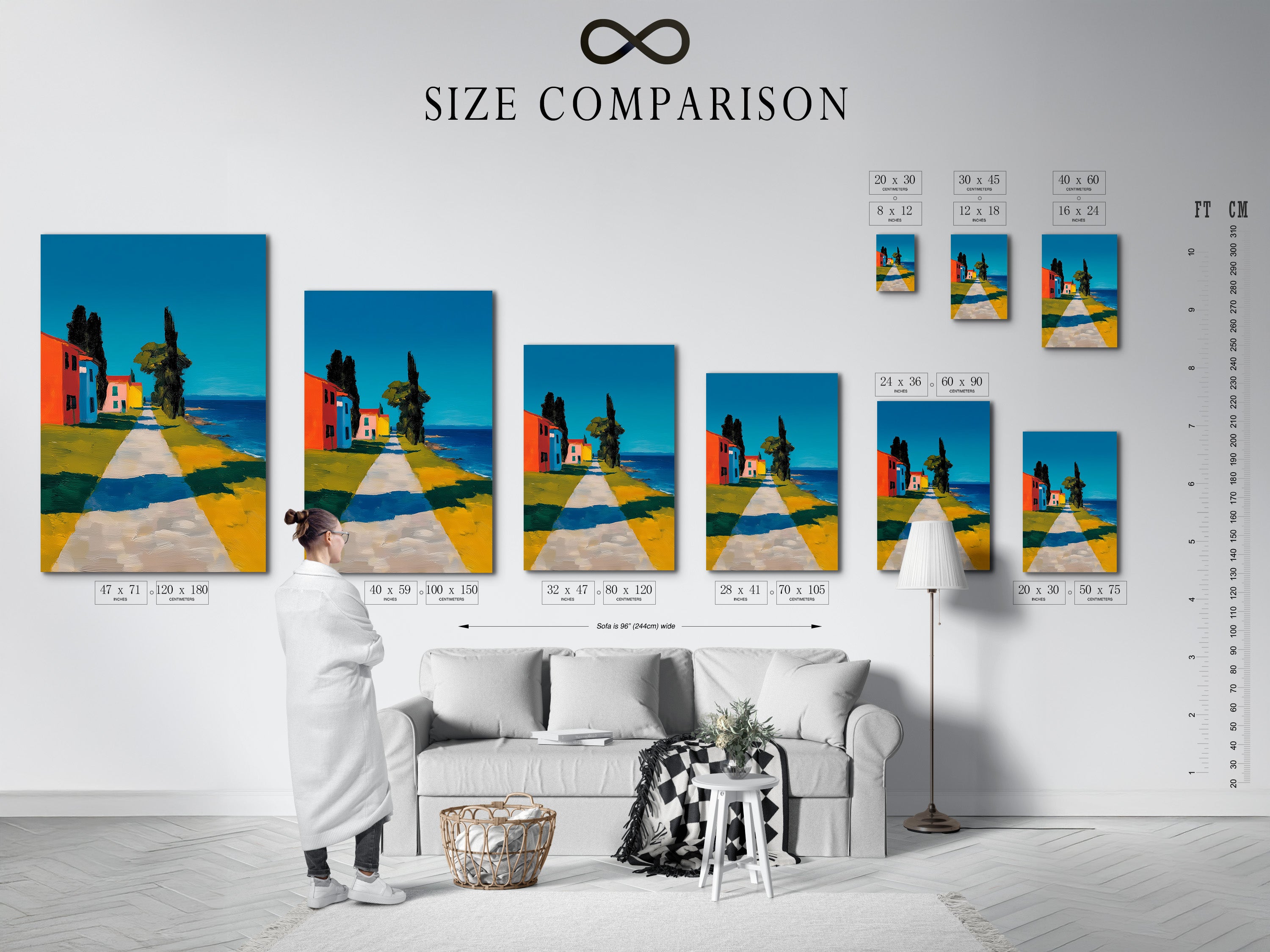Size comparison chart in an interior setting. The chart illustrates the different sizes available for art prints. It helps visualize how each size fits in a room. Choose the perfect size to complement your space. Plan your art arrangement effectively.