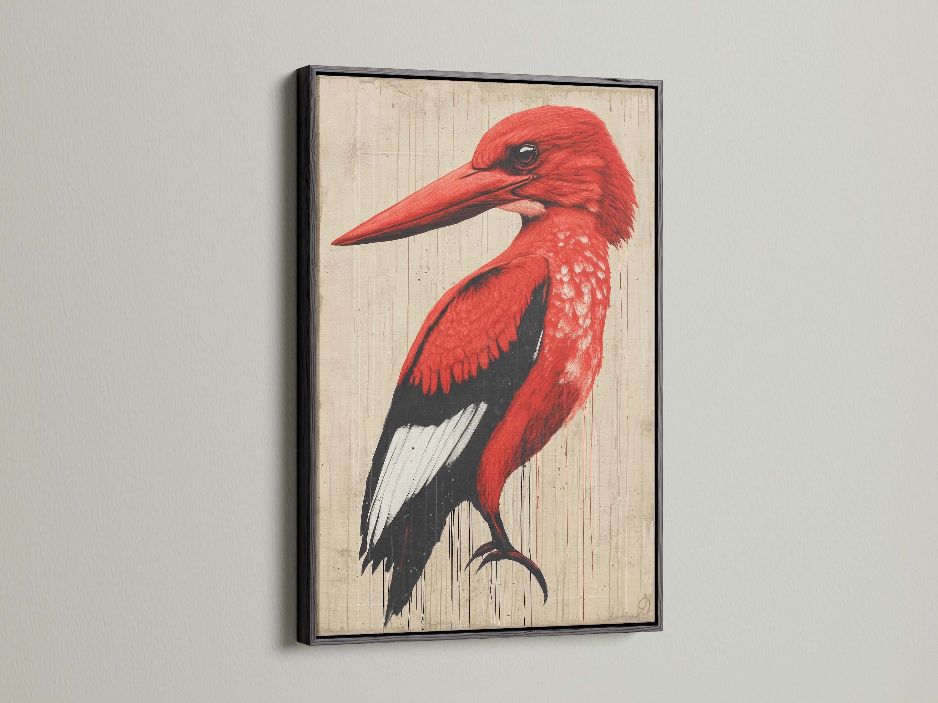 This vintage-style red bird artwork is set in a sleek black frame. The art adds a touch of sophistication to any room. This avian decor is perfect for a study or office. It is a great gift for bird lovers.