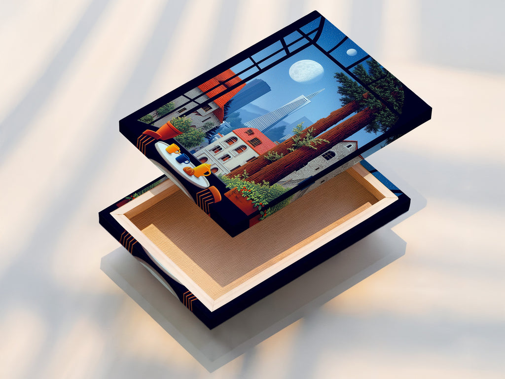 A stretched canvas print displays a cityscape window view. The canvas texture enhances the artwork's depth. This ready-to-hang piece brings San Francisco's charm to any wall. A perfect art for modern living spaces. Get yours now.