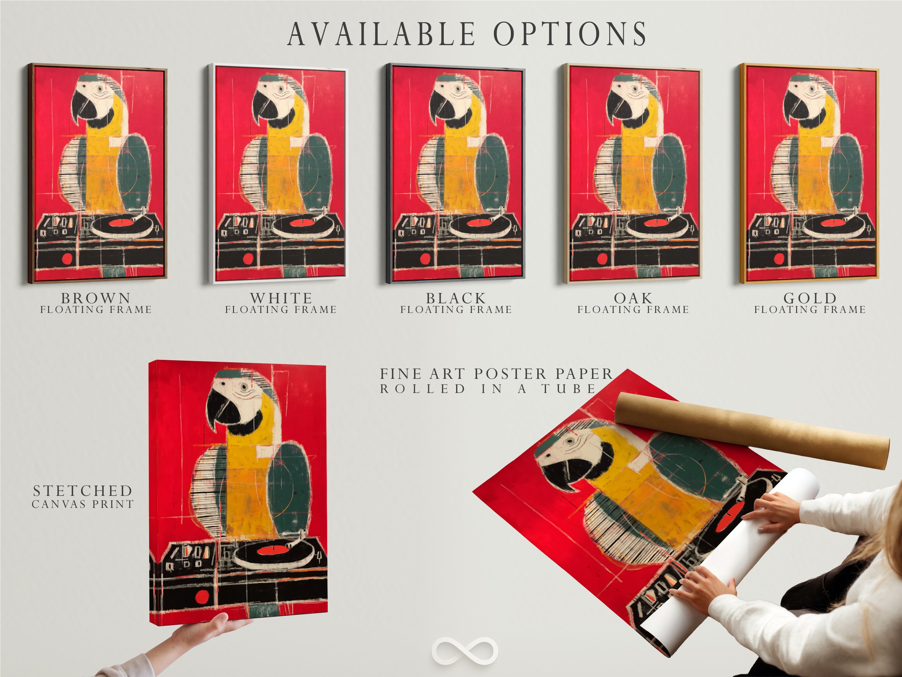 Explore available options for parrot artwork. Choose between a stretched canvas print a fine art poster or a floating frame. Each option enhances the artwork. Customize your art to match your style. Get stretched canvas prints and fine art posters.