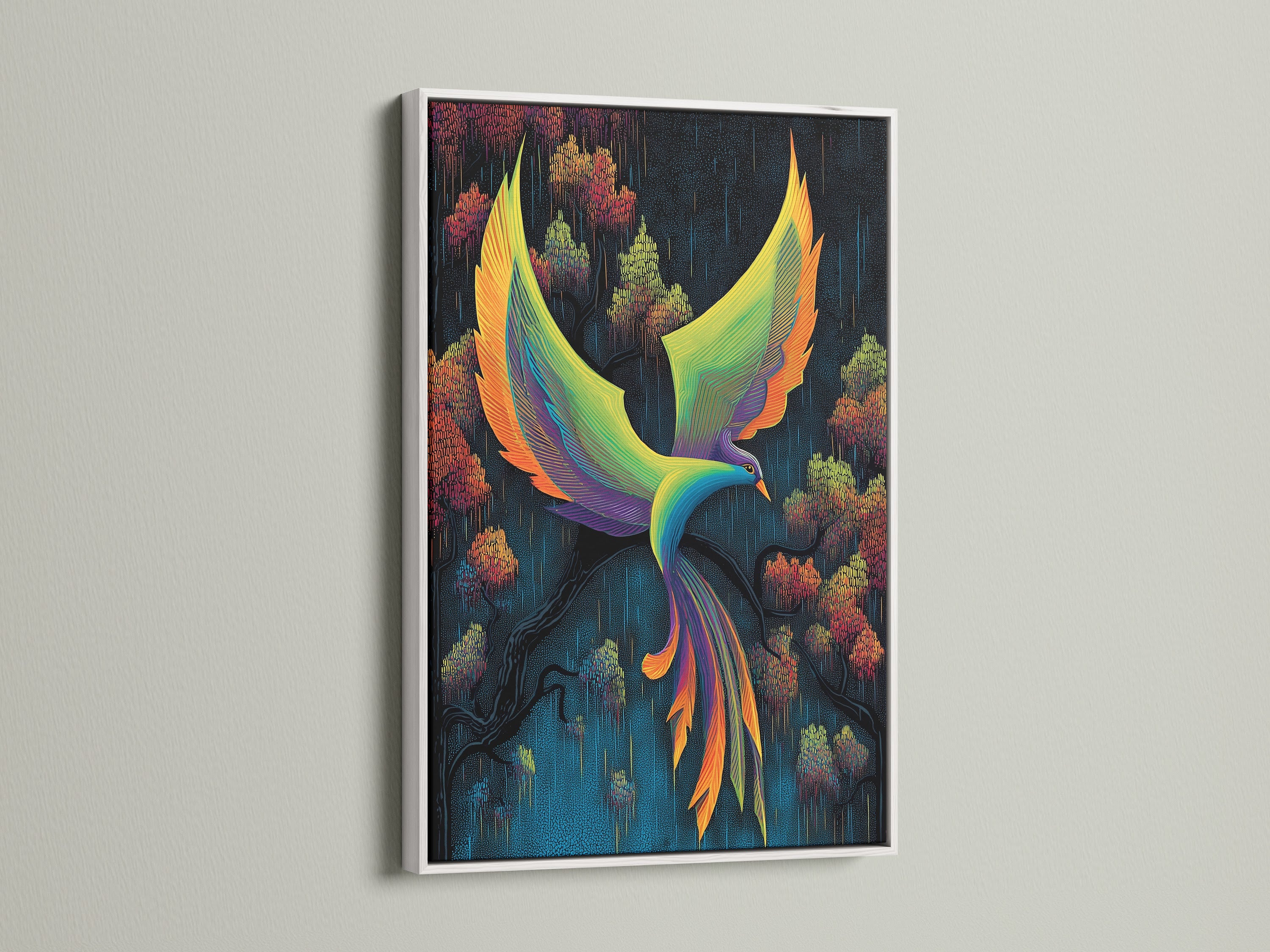 Phoenix Bird artwork in a white frame. The colorful art piece features a mythical bird. This abstract wall art uses vibrant teal and orange. A great option for bedroom decor and modern spaces. The phoenix print is eye-catching.