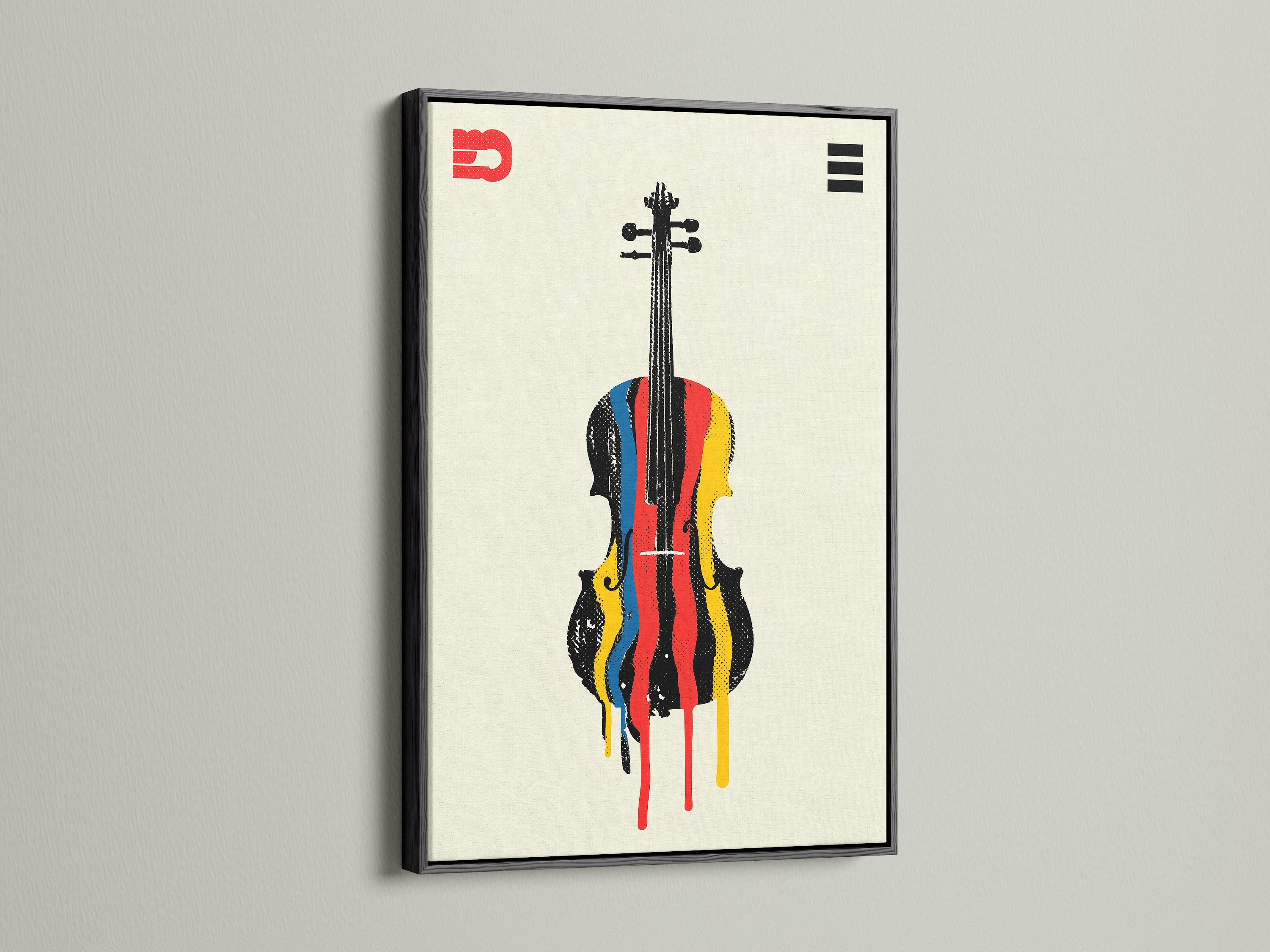 A striking black frame showcases this abstract violin artwork. The colorful orchestra art print is a modern statement piece. This musical instrument wall art is perfect for a music room. It adds a sophisticated touch to your wall decor