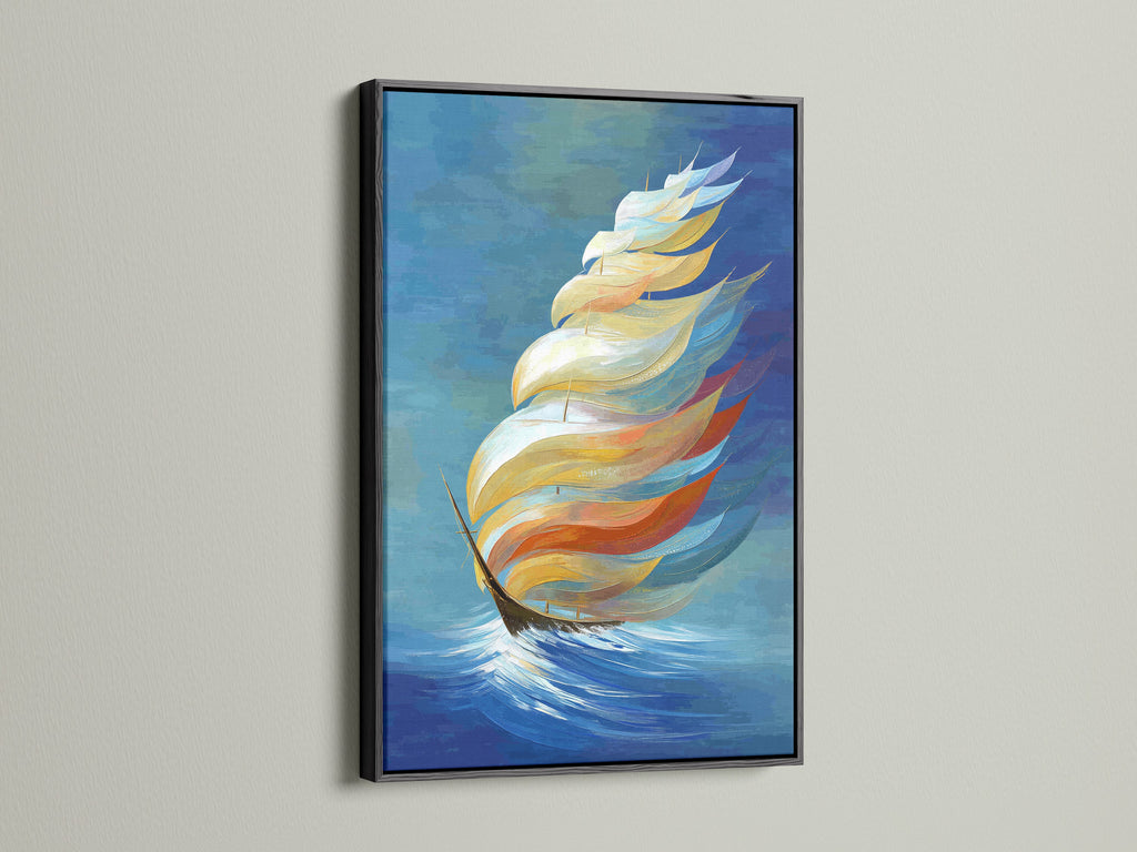 Abstract sailboat artwork is presented in a black frame. The frame adds a bold contrast to the coastal artwork. This nautical print makes a statement in any space. The black frame accentuates the art's colors and lines. It offers a sophisticated touch to your wall decor.