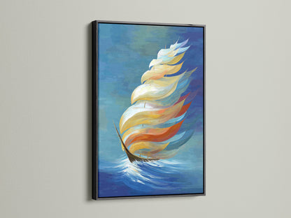Abstract sailboat artwork is presented in a black frame. The frame adds a bold contrast to the coastal artwork. This nautical print makes a statement in any space. The black frame accentuates the art's colors and lines. It offers a sophisticated touch to your wall decor.
