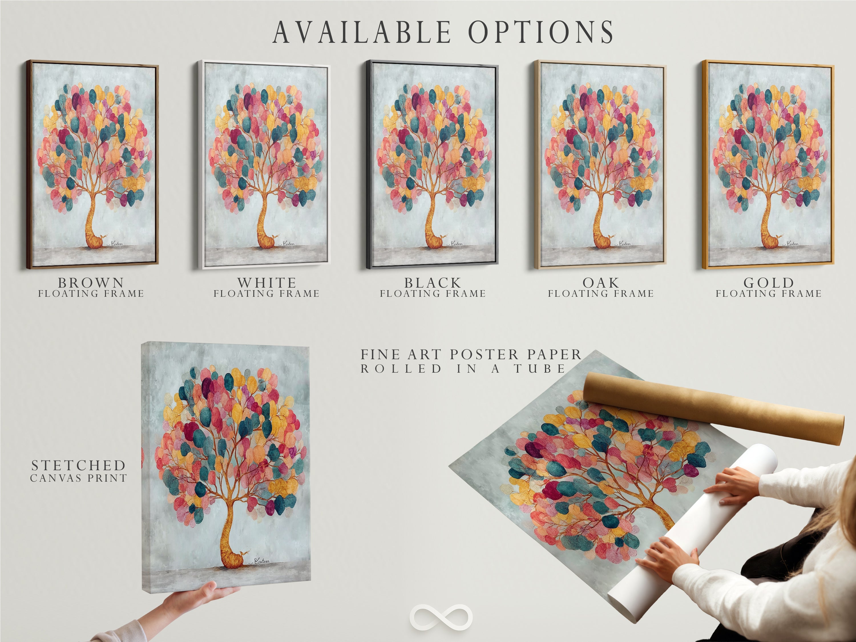Available options for the colorful tree artwork are displayed. Choose from a stretched canvas print a fine art poster paper. You can also get a floating frame. Select the perfect option to match your style. Find the perfect piece for your home.
