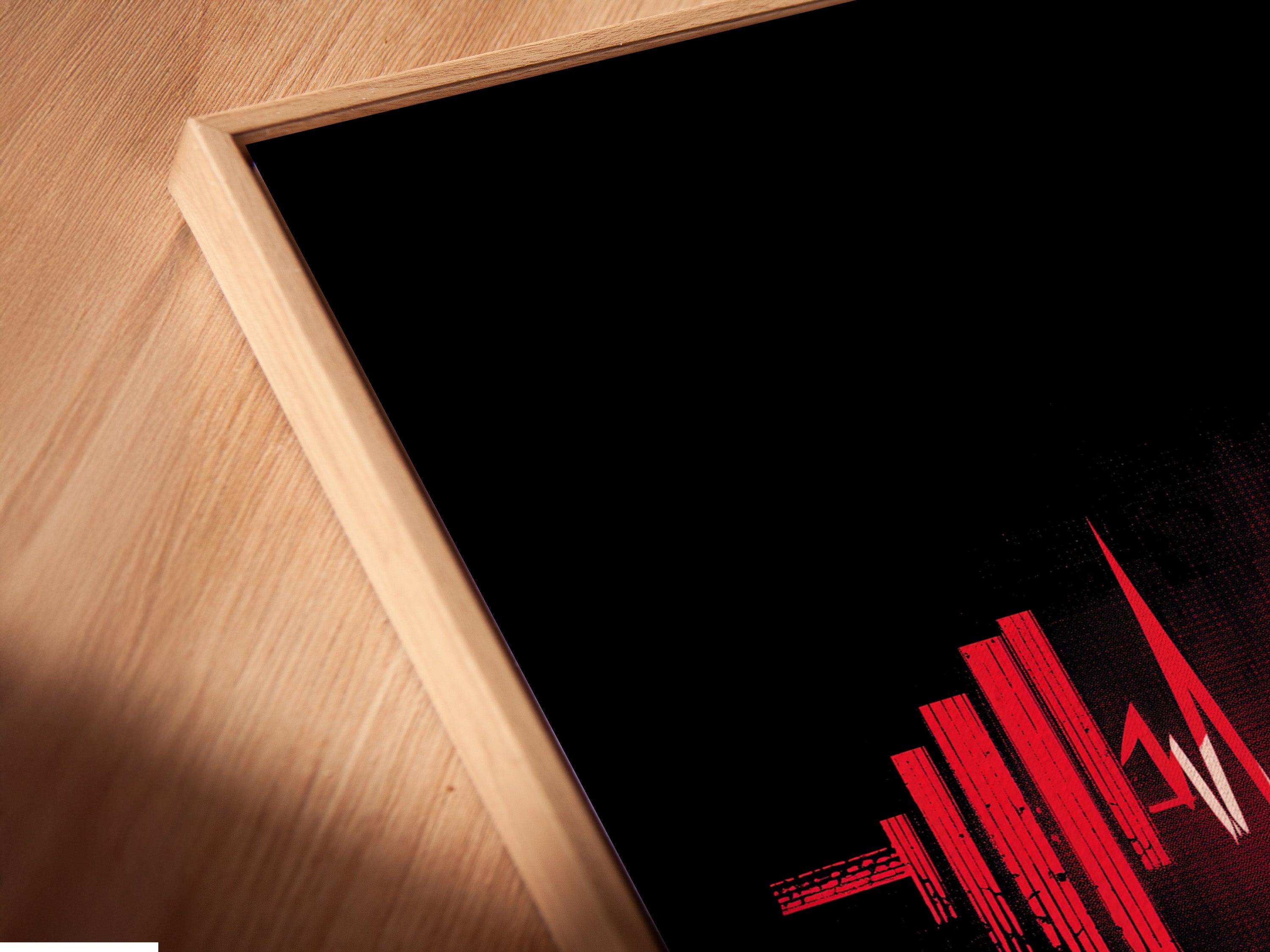 Angled close up view of a canvas print in a floating frame. See how the artwork floats within the frame. This frame style adds depth and dimension. It creates a modern gallery-style look. Showcase your canvas print in style.