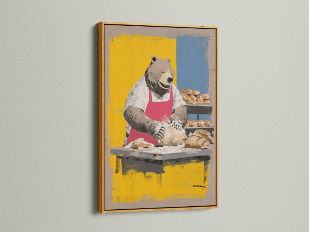 Bear Baker Artwork is showcased in a gold frame. This whimsical art makes a statement in any kitchen. It makes great dining room decor. The chef animal print is ideal for food enthusiasts. It will add a touch of humor with this bakery wall decor.