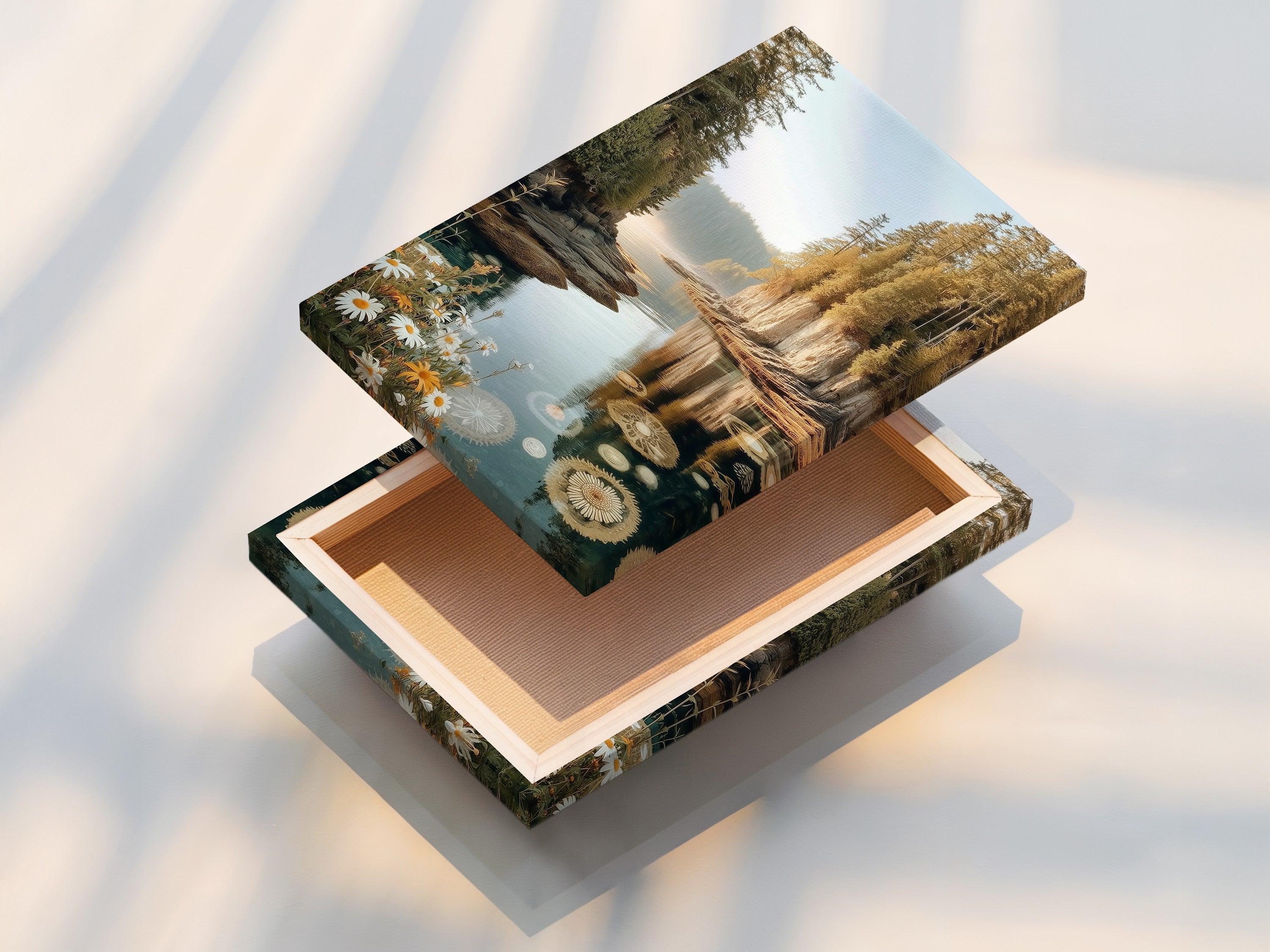 A stretched canvas print of lake reflection art is showcased. This ready-to-hang option is perfect for easy installation. Bring the serene beauty of nature photography to your home. Stretched canvas prints offer a gallery-quality look.