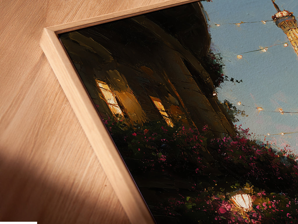 This is an angled close-up of a canvas print in a floating frame. The floating frame gives a modern and sophisticated look. The canvas print appears to float within the frame. It adds depth and dimension to the artwork.