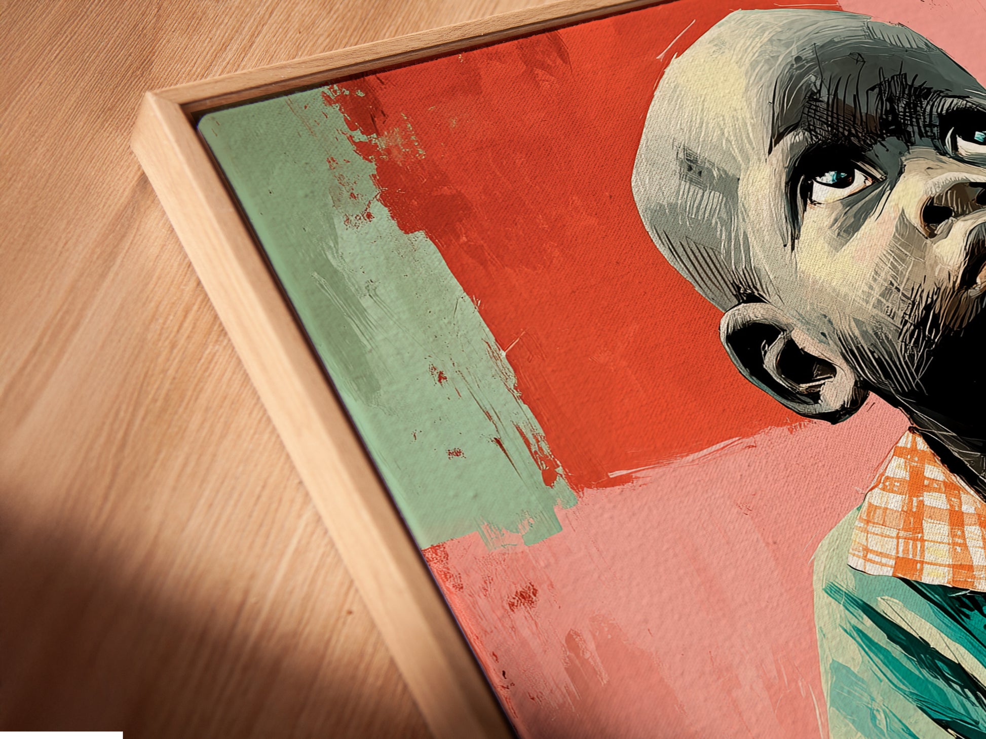 A close-up angled view of a canvas print in a floating frame. The Thoughtful Boy artwork appears to float within the frame. This modern wall art option adds depth to the emotional portrait. Notice the fine details of the teal and coral artwork. It is ideal for study room decor.