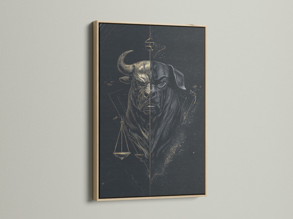 Enhance your law firm decor with the Bull Justice art print. This striking scales of justice canvas print is showcased in an oak frame. Perfect for adding a touch of sophistication to any office.