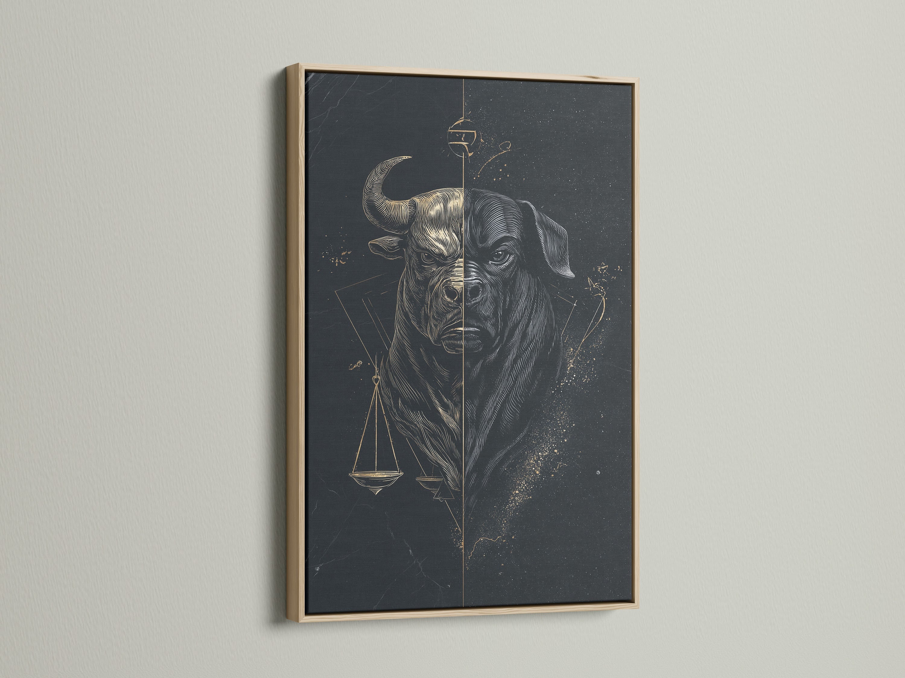 Enhance your law firm decor with the Bull Justice art print. This striking scales of justice canvas print is showcased in an oak frame. Perfect for adding a touch of sophistication to any office.