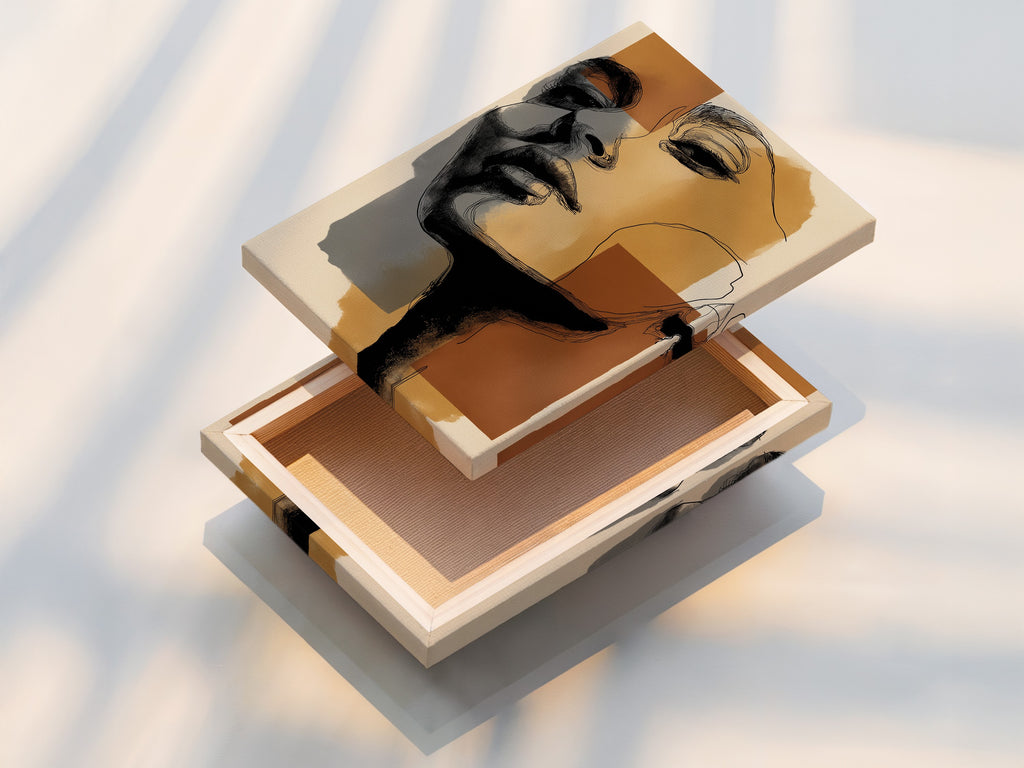 A stretched canvas print showcases an abstract portrait. This modern wall art is ready to hang and enjoy. The minimalist face drawing adds a contemporary touch. Ideal for any room.