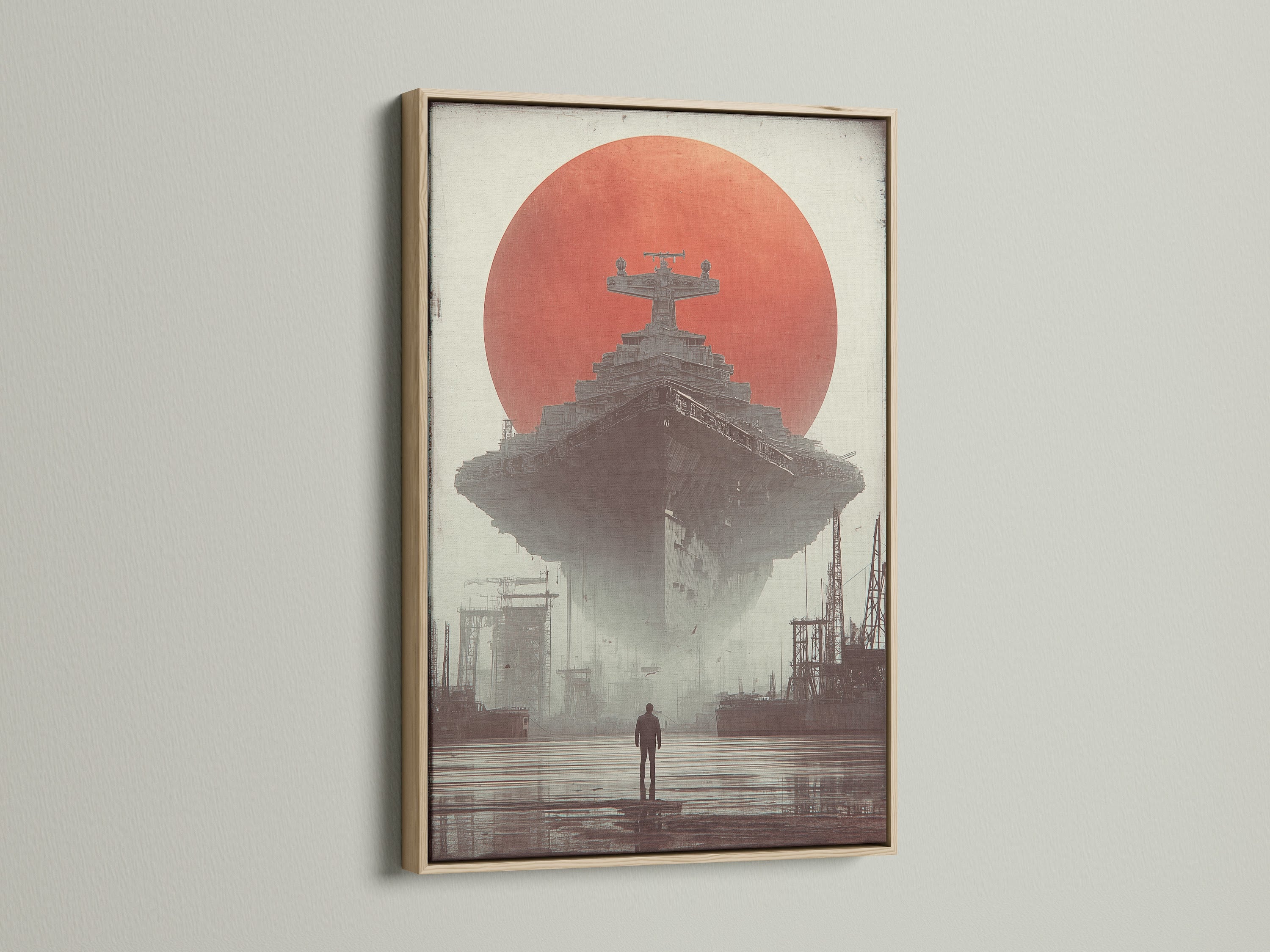 Artwork framed in oak brings warmth to any room. This art piece features a solitary figure facing a massive floating structure. The oak frame enhances the art's vintage aesthetic. Discover how an oak frame can transform your favorite art.