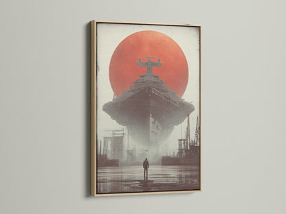 Artwork framed in oak brings warmth to any room. This art piece features a solitary figure facing a massive floating structure. The oak frame enhances the art's vintage aesthetic. Discover how an oak frame can transform your favorite art.