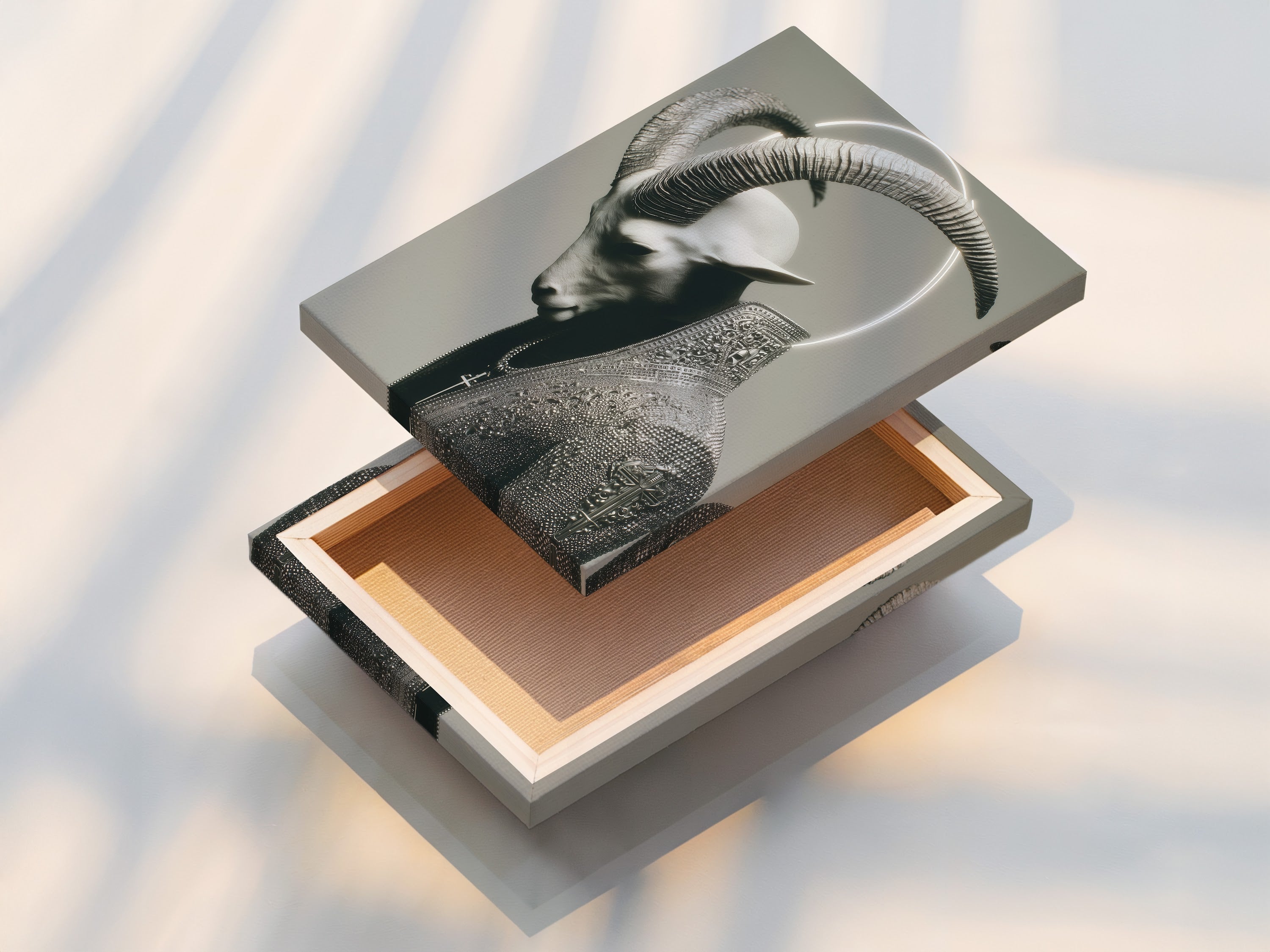 Close up of a stretched canvas print featuring Gothic Horned Figure Art. The canvas enhances the dark surreal portrait. It is ready to hang as occult wall decor. Ideal for modern gothic art in any space.