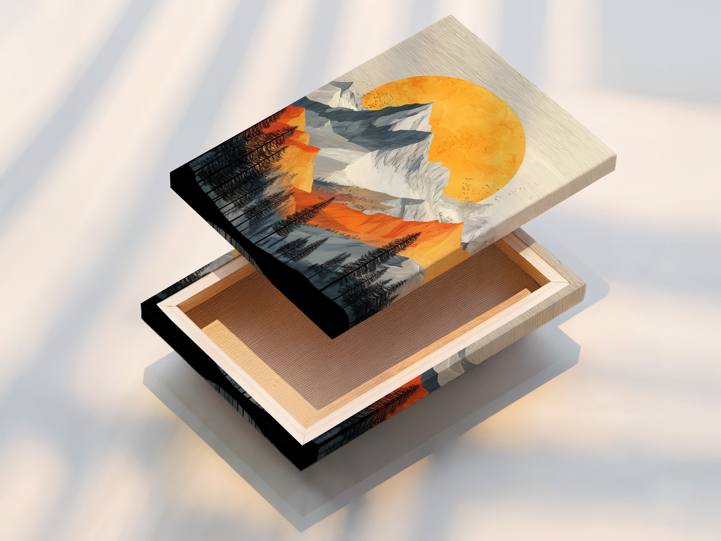A beautifully stretched canvas print of the Mountain Sunset artwork. This piece showcases vintage alpine wall art. Orange and gray tones blend seamlessly. This print enhances nature wall decor. It brings a touch of the outdoors inside. Perfect for minimalist and contemporary homes.
