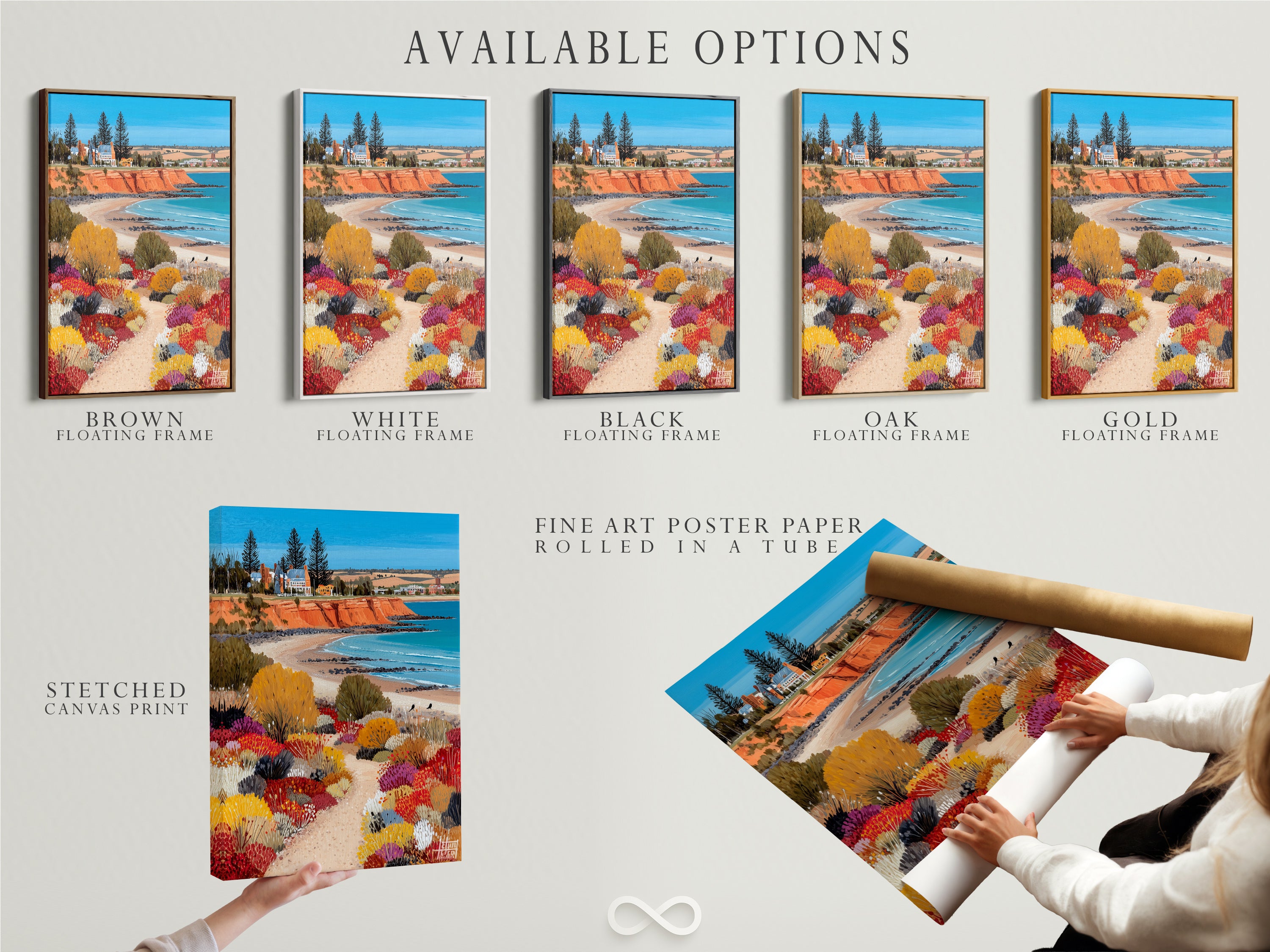 Available options for coastal landscape artwork including stretched canvas print fine art poster paper and floating frame. Customize your artwork to perfectly match your style and decor. Explore the possibilities and create a stunning focal point for your space. Discover our collection of Australian beach wall art now.