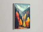 Autumn Forest artwork with a white frame. This mountain landscape wall art brings fall colors into your space. The nature print enhances any room's aesthetic. Perfect wall decor for living rooms bedrooms or home offices with a modern flair.
