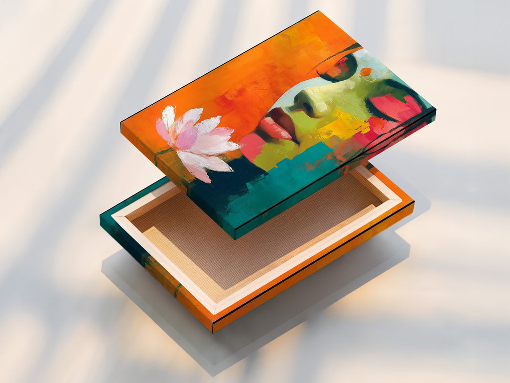 View of a stretched canvas print featuring abstract woman portrait art. The vibrant colors and lotus flower details enhance the artwork. This ready-to-hang piece adds a modern touch. It is perfect for any living space or meditation room.