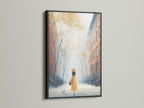 Urban autumn scene in a black frame. This cityscape art features a girl walking her dog. A neutral and contemporary artwork. This canvas print is perfect for entryway decor and adds a touch of peace.