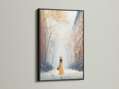 City Stroll Canvas Print is framed in black. It offers a bold contrast to the artwork. This urban canvas art captures a woman and dog in a cityscape. Ideal for modern and minimalist decor. This piece adds a touch of sophistication. Perfect for living rooms boutiques and offices. A serene addition to any wall.