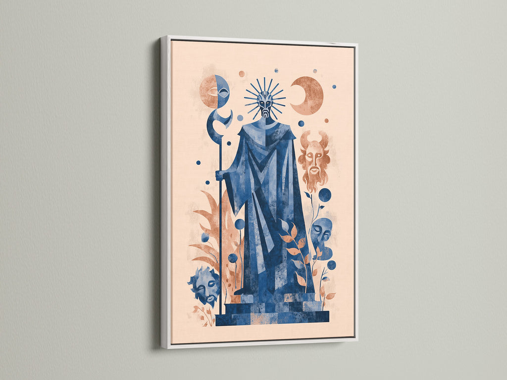Mystical Tarot Art Print with a white frame. This spiritual wall art features celestial decor. The blue wall decor adds a calming touch to any meditation room. A perfect piece of boho home decor.