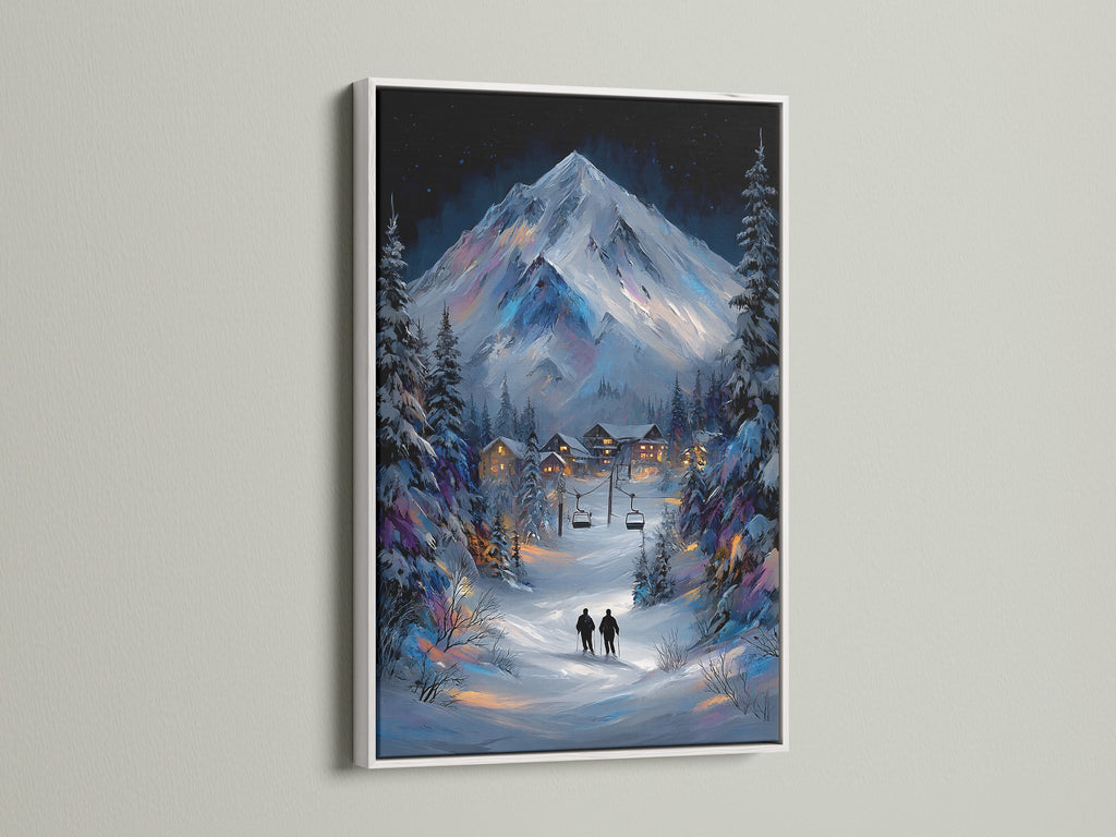 Brighten your home with winter mountain artwork in a white frame. The snowy alpine landscape painting brings a fresh look to any room. This canvas print is ideal for cozy cabin decor. The white frame complements the cool winter tones.