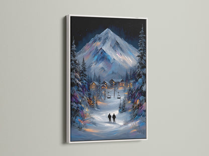 Brighten your home with winter mountain artwork in a white frame. The snowy alpine landscape painting brings a fresh look to any room. This canvas print is ideal for cozy cabin decor. The white frame complements the cool winter tones.