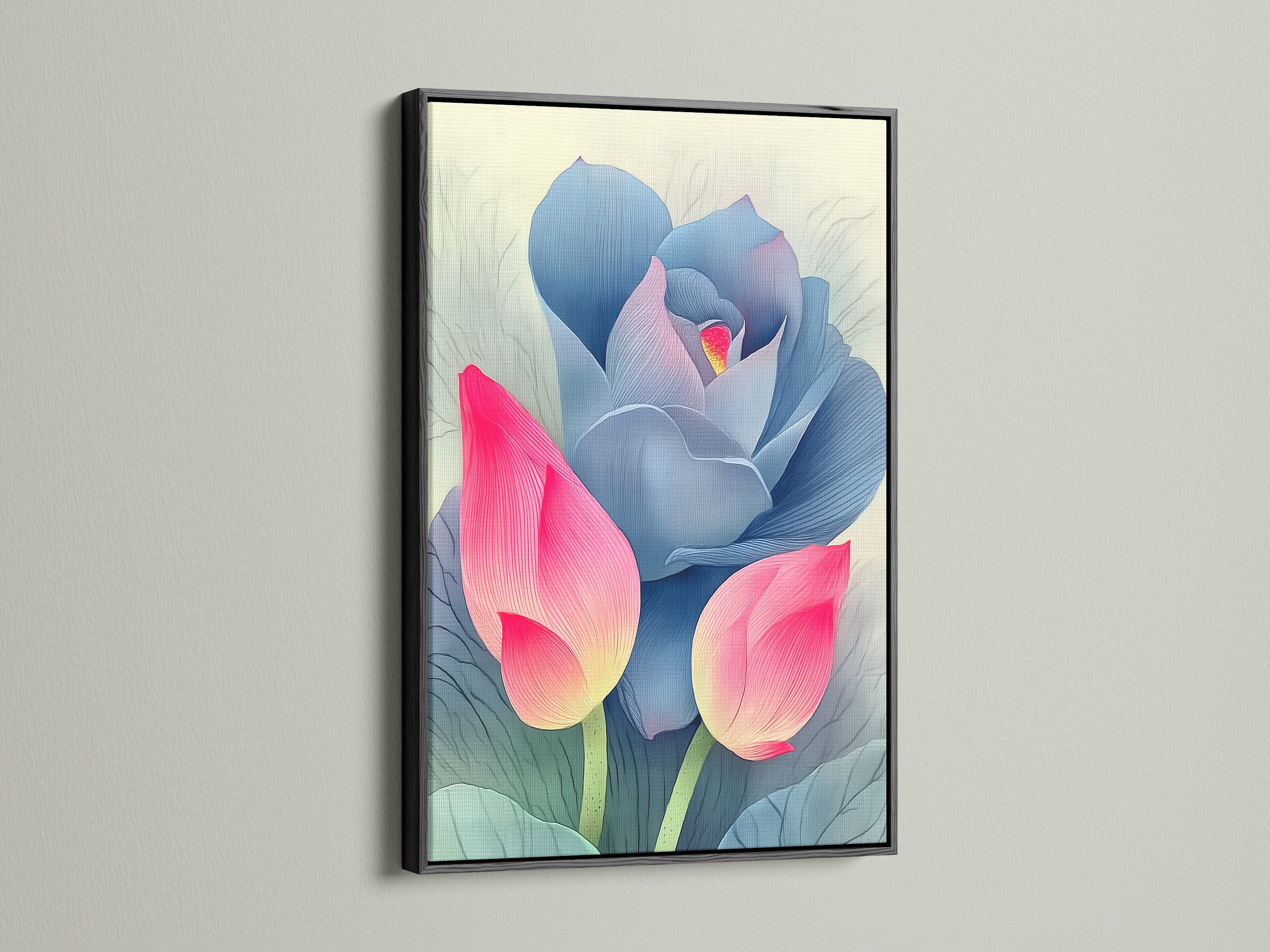 A pink and blue lotus flower artwork in a black frame is mounted on a white wall. Black frames create a bold contrast for modern artwork. Add a touch of elegance to your space with this floral canvas. Shop now for unique wall decor.