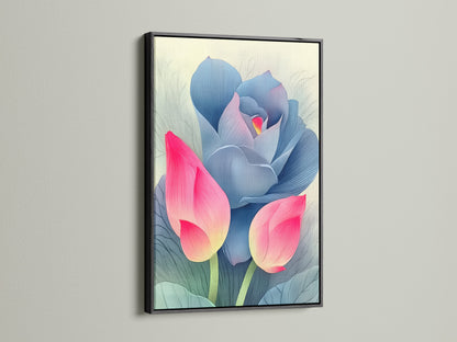 A pink and blue lotus flower artwork in a black frame is mounted on a white wall. Black frames create a bold contrast for modern artwork. Add a touch of elegance to your space with this floral canvas. Shop now for unique wall decor.