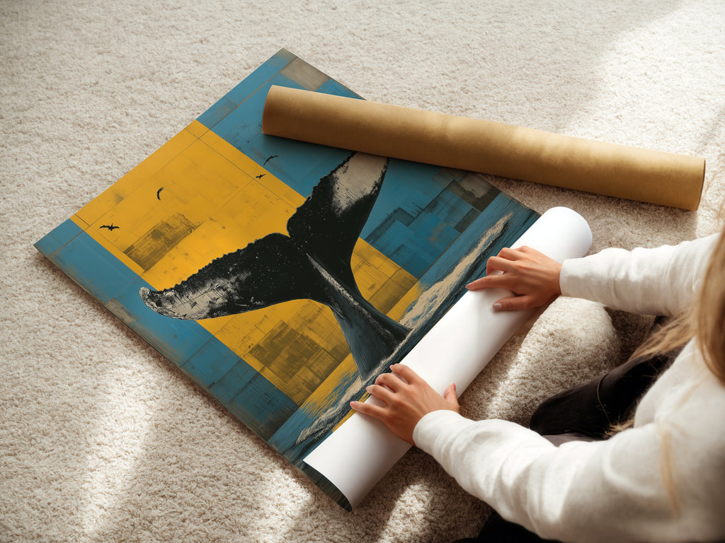 A woman rolls a fine art poster paper of a Whale Tail artwork. The poster features blue and yellow colors. This marine life print is ready to frame. Perfect for coastal and tropical style decor. Explore our ocean wildlife wall art.