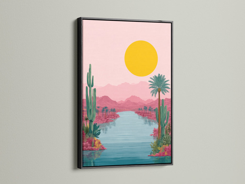 The Desert Oasis artwork is elegantly framed in black. The dark frame emphasizes the vibrant pink and teal tones. This artwork is a stunning focal point for any space. It is perfect for modern and contemporary interiors.