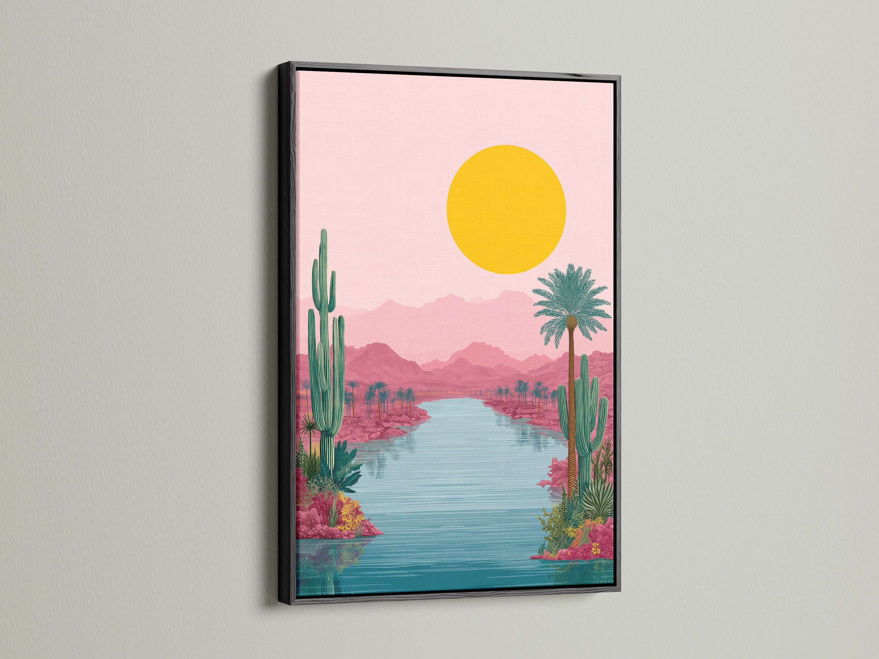 The Desert Oasis artwork is elegantly framed in black. The dark frame emphasizes the vibrant pink and teal tones. This artwork is a stunning focal point for any space. It is perfect for modern and contemporary interiors.