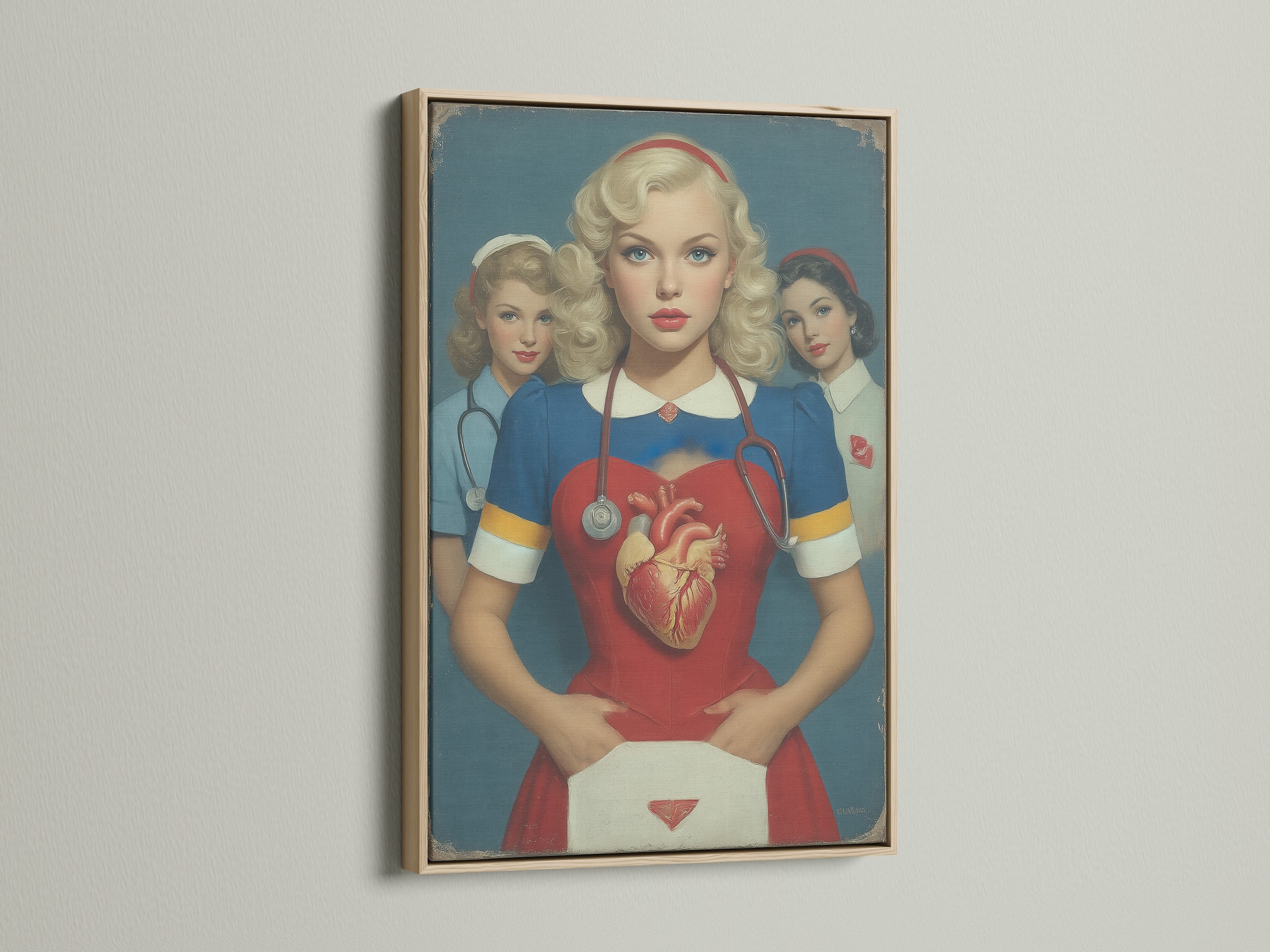 Vintage nurse artwork with an anatomical heart in an oak frame. The light wood complements the art deco style. Ideal for a medical office or clinic seeking a touch of retro healthcare decor.