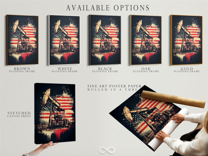 Available options for the oil rig and American flag artwork are displayed. Choose from a stretched canvas print fine art poster paper or a floating frame. The industrial decor combines American symbolism with vintage style. Perfect for adding patriotic wall art to any space or man cave.