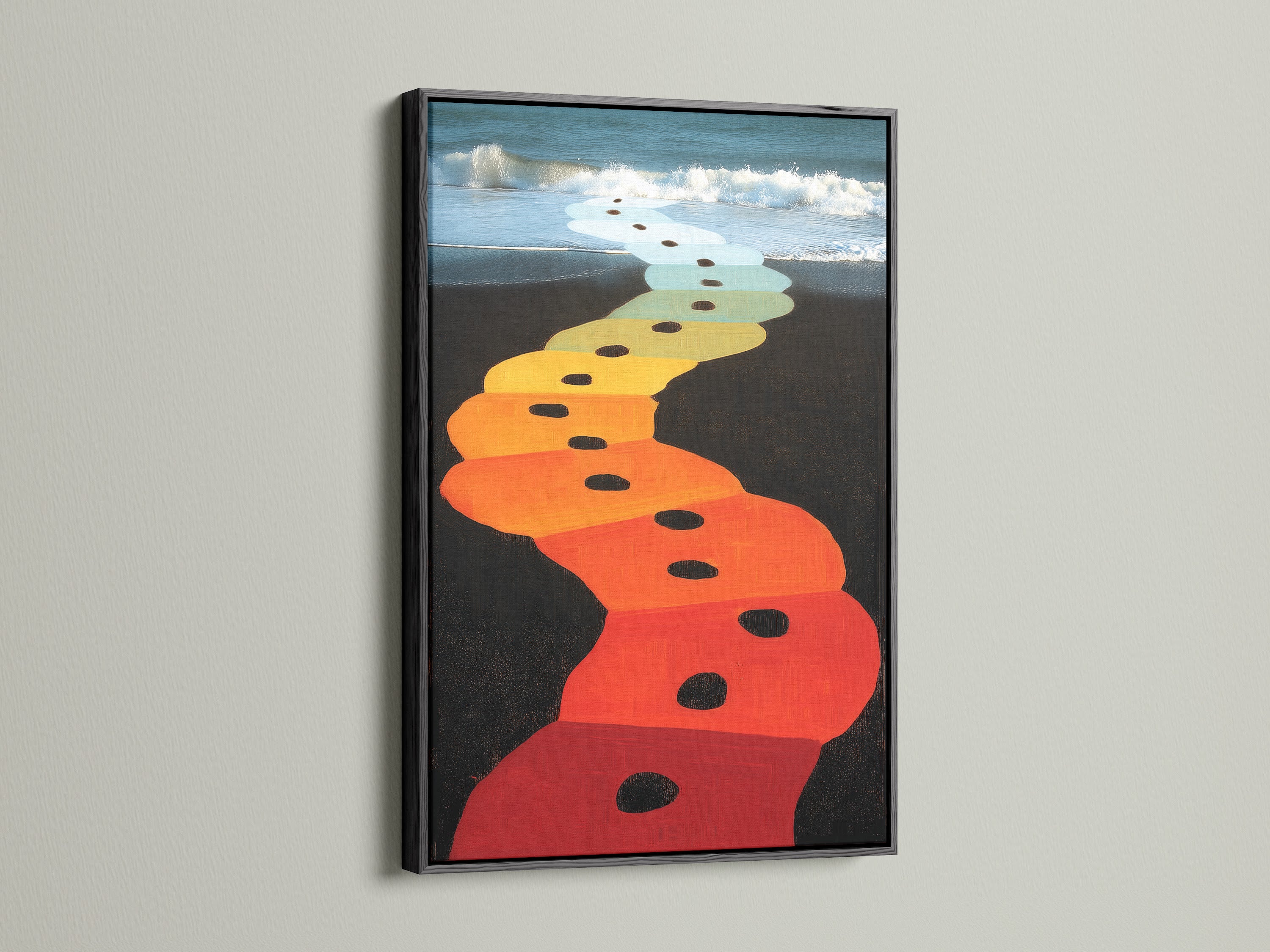 A black frame holds this colorful beach path artwork. The artwork adds a sophisticated touch to any room. The black frame enhances the artwork's colors. This piece is ideal for modern and contemporary spaces. Elevate your home or office decor with this print.