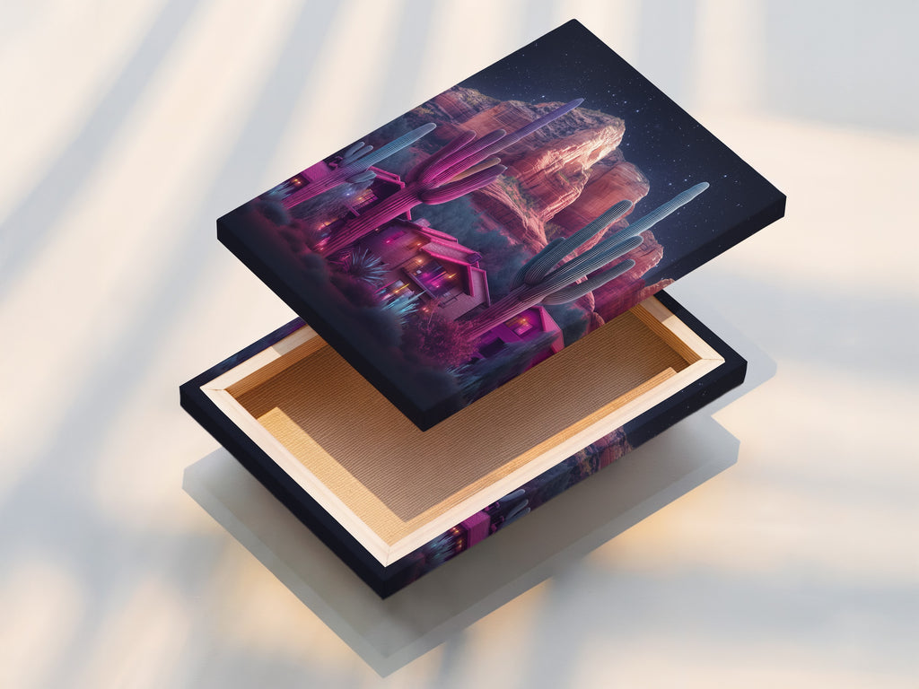 A stretched canvas print featuring neon cactus artwork and a desert landscape. This southwestern wall art is ready to hang. The vibrant colors and modern style make it a perfect addition to any room. Enjoy desert vibes in your home or office.