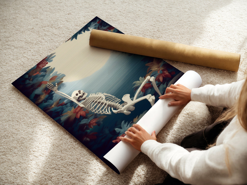 A woman is carefully rolling a fine art poster paper. The paper showcases a skeleton themed artwork. This macabre piece is perfect for adding a gothic touch to any room or studio.