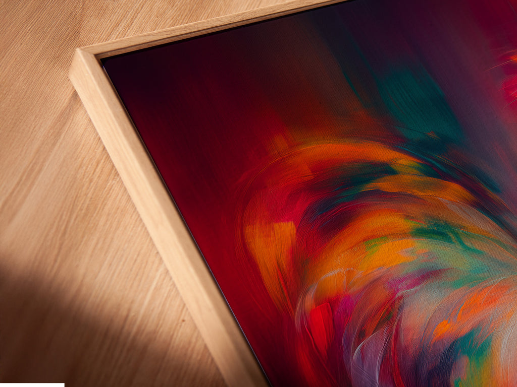 Close-up of a canvas print in a floating frame. The vibrant rooster artwork stands out as a stunning focal point. Ideal for kitchen and dining room decor with a contemporary touch.