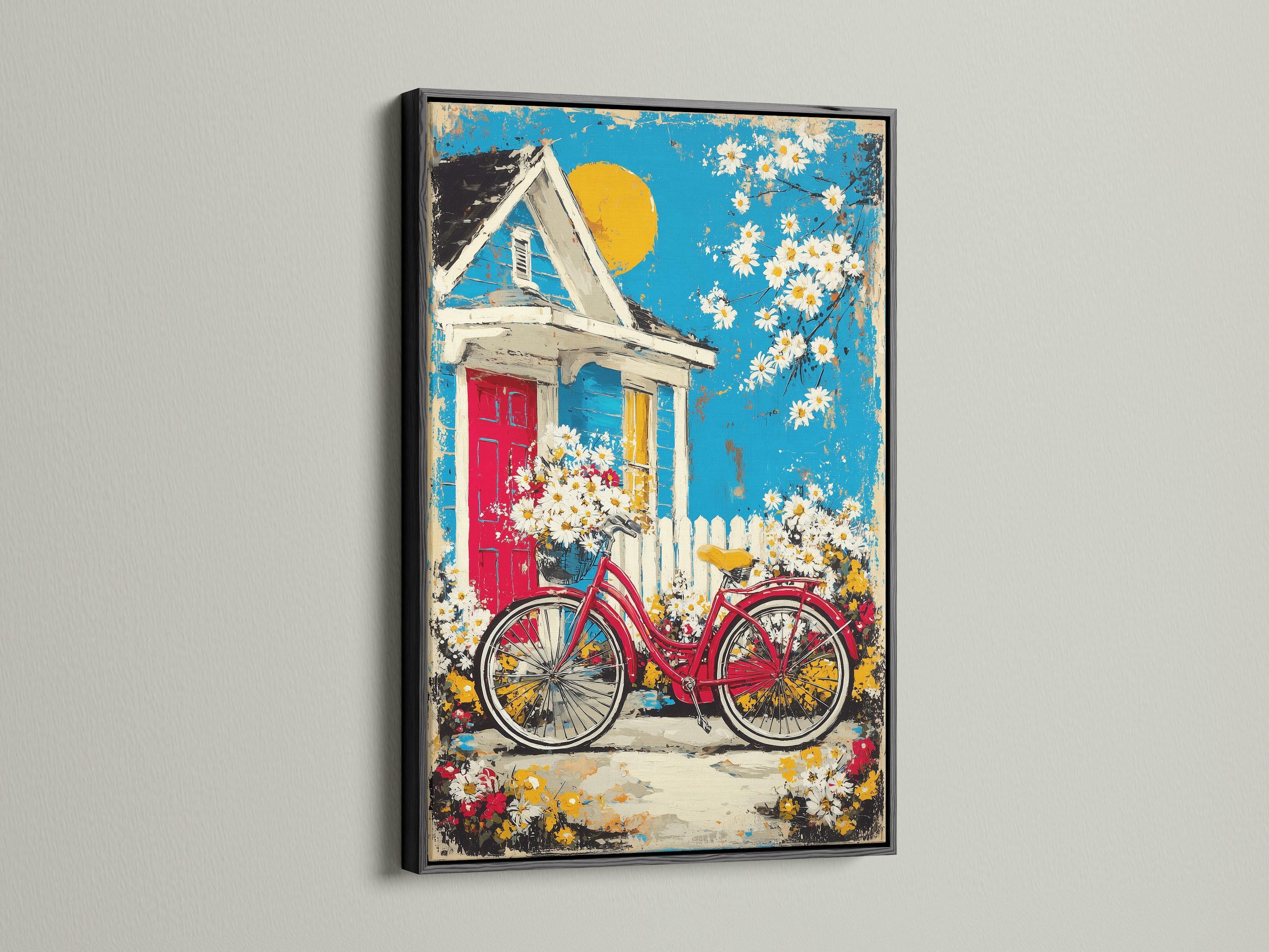 The Cottage Garden artwork is presented in a sleek black frame. This contrast emphasizes the artwork's vibrant details. The artwork showcases a red bicycle with a charming cottage backdrop. Ideal for country home decor.