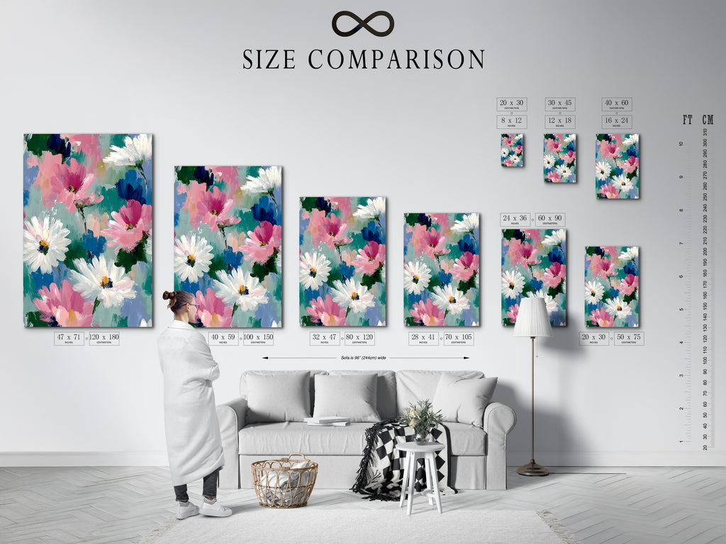 A size comparison chart displayed in a stylish interior. Helping you visualize the perfect dimensions for your abstract floral art. See how different sizes of daisy wall art can transform your space. Select the ideal botanical canvas for your living room or bedroom.