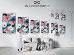 A size comparison chart displayed in a stylish interior. Helping you visualize the perfect dimensions for your abstract floral art. See how different sizes of daisy wall art can transform your space. Select the ideal botanical canvas for your living room or bedroom.