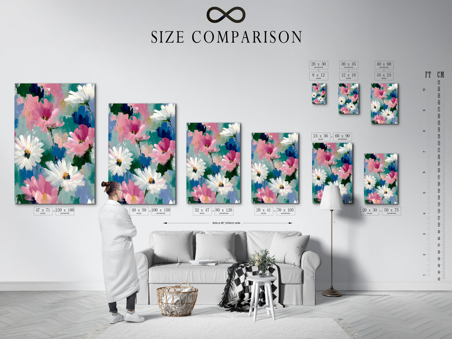 A size comparison chart displayed in a stylish interior. Helping you visualize the perfect dimensions for your abstract floral art. See how different sizes of daisy wall art can transform your space. Select the ideal botanical canvas for your living room or bedroom.