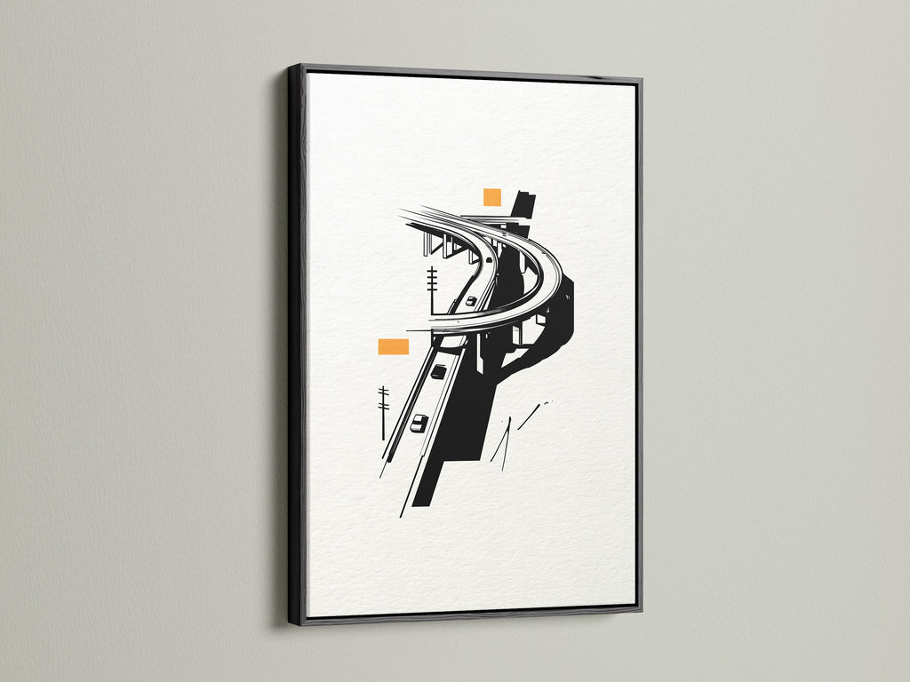 The Highway Overpass artwork is strikingly presented in a black frame. This urban wall art makes a bold statement.  The minimalist design is ideal for modern office decor. The cityscape canvas print offers a unique urban perspective.  Enhance your space with this black and white artwork.