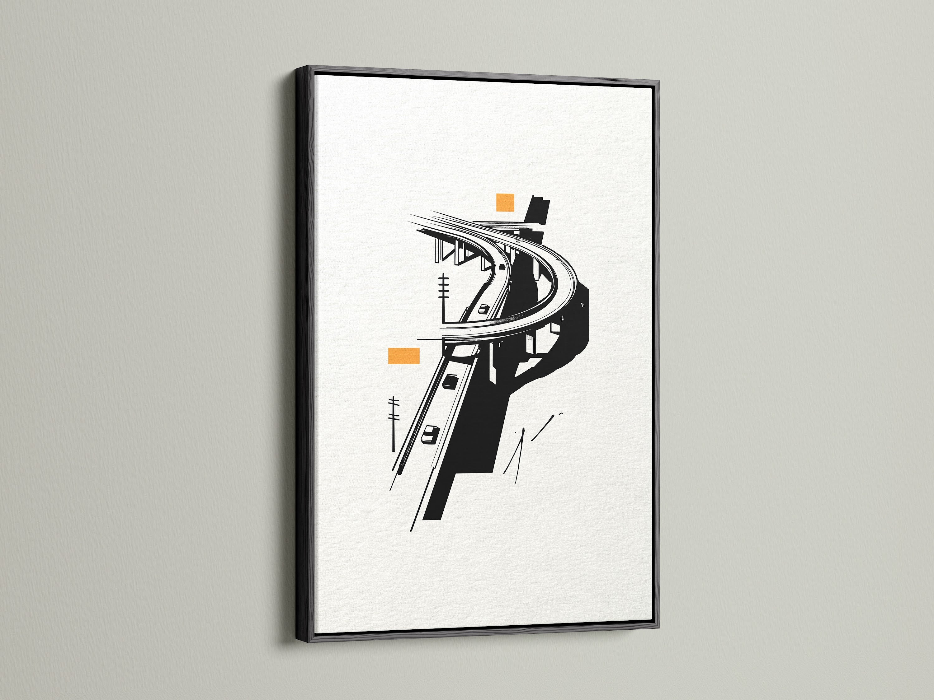 The Highway Overpass artwork is strikingly presented in a black frame. This urban wall art makes a bold statement.  The minimalist design is ideal for modern office decor. The cityscape canvas print offers a unique urban perspective.  Enhance your space with this black and white artwork.