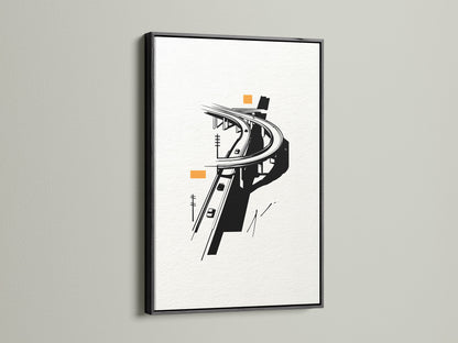 The Highway Overpass artwork is strikingly presented in a black frame. This urban wall art makes a bold statement.  The minimalist design is ideal for modern office decor. The cityscape canvas print offers a unique urban perspective.  Enhance your space with this black and white artwork.