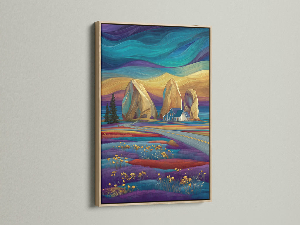 Coastal landscape artwork in an oak frame. The print showcases a stylized seascape with teal and purple colors. Ideal as a seascape print. Enhances bedroom wall decor with a touch of nautical wall art.