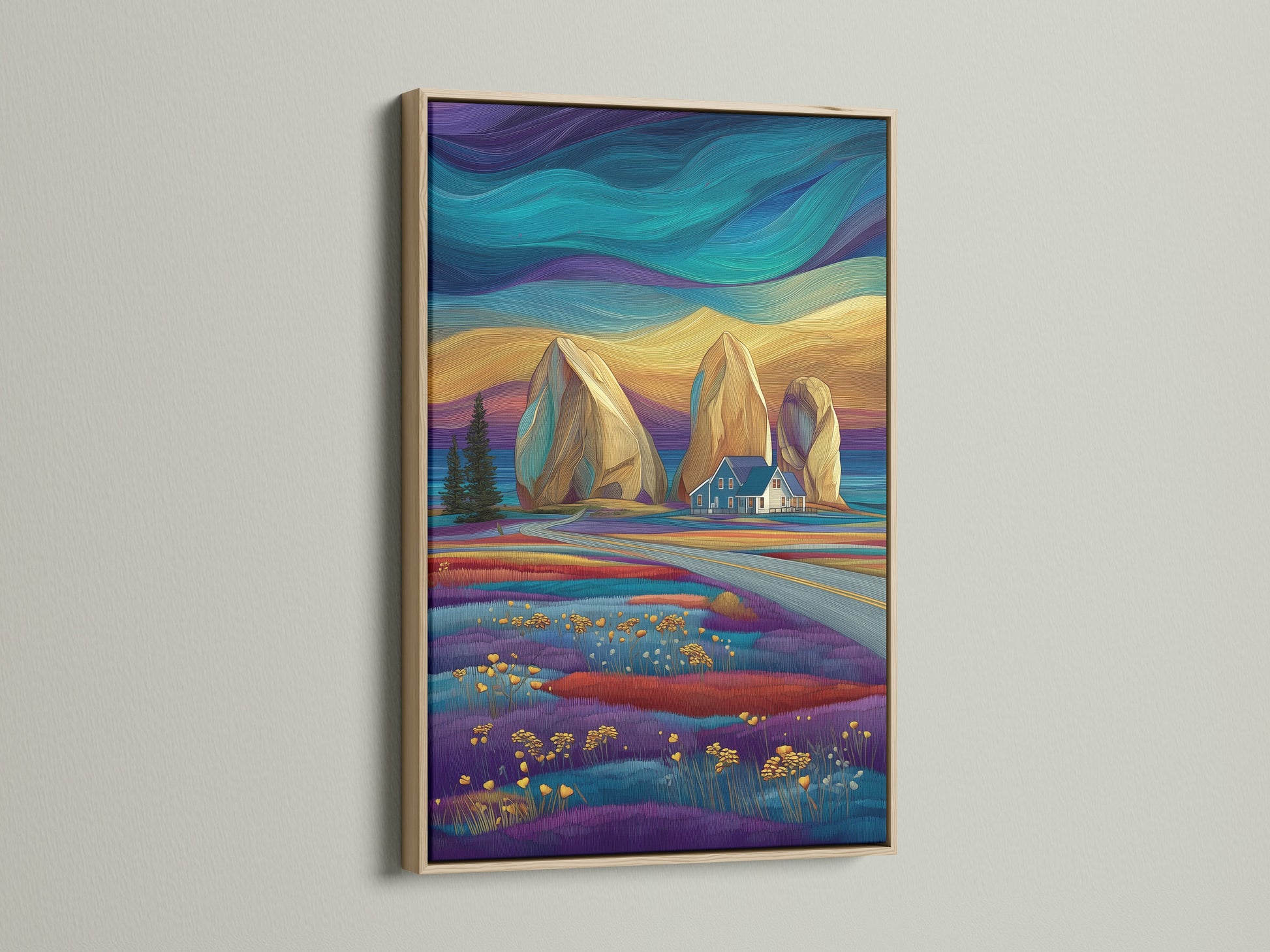 Coastal landscape artwork in an oak frame. The print showcases a stylized seascape with teal and purple colors. Ideal as a seascape print. Enhances bedroom wall decor with a touch of nautical wall art.